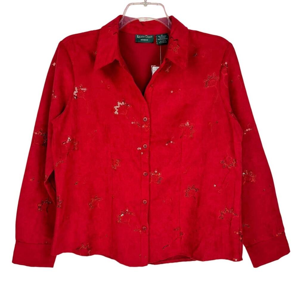 New LEMON GRASS Red Faux Suede Floral Embroidered Sequin Button Up Blouse Top XL